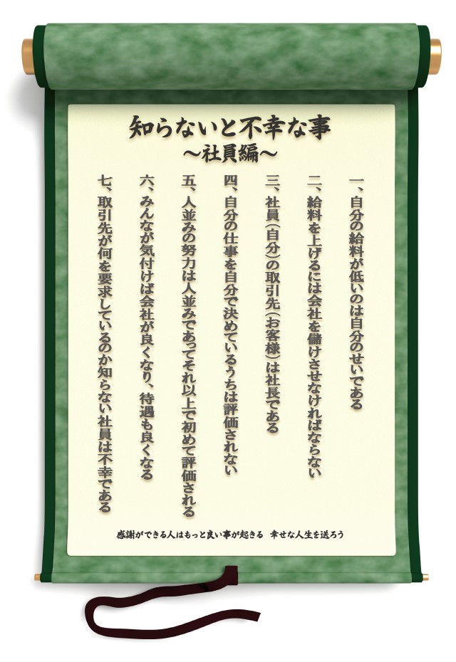 
一,自分の給料が低いのは自分のせいである
二,給料を上げるには会社を儲けさせなければならない
三,社員（自分）の取引先（お客様）は社長である
四,自分の仕事を自分で決めているうちは評価されない
五,人並みの努力は人並みであってそれ以上で初めて評価される
六,みんなが気づけば会社が良くなり、待遇も良くなる
七,取引先が何を要求しているのか知らない社員は不幸である
感謝ができる人はもっと良いことが起きる。幸せな人生を送ろう